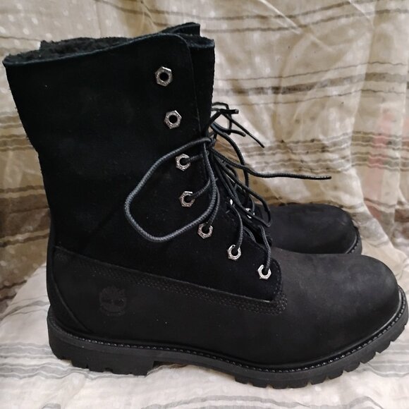 Women's Timberland Black Nubuck Fleece Fold Down Work Boot - Picture 3 of 10